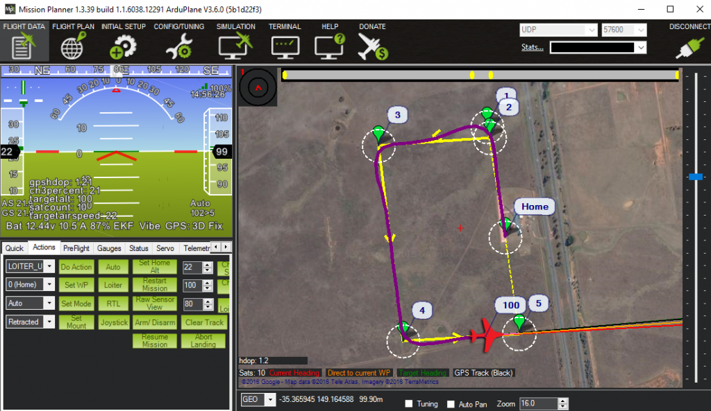 Flying a simulated ArduPlane UAV around Canberra from the comfort of my desk in Perth.